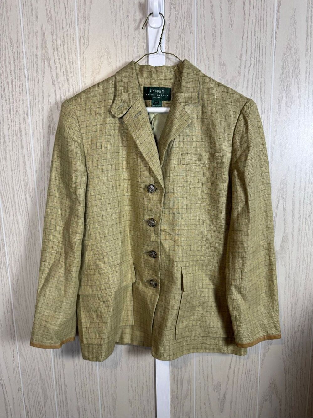 Vintage Ralph Lauren Women’s Blazer 100% Linen Size 8 Petite Tan Beige Plaid - Picture 2 of 8